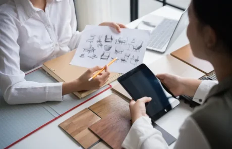 Equipo de diseño revisando planos arquitectónicos con muestras de color