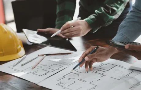 Profesionales de interiorismo trabajando sobre planos de diseño en oficina