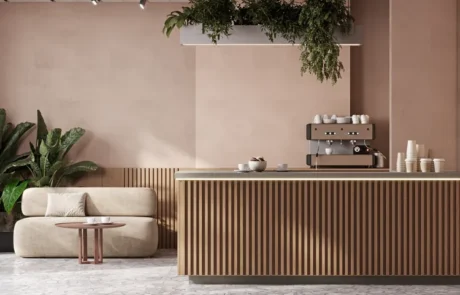 Imagen renderizada de proyecto de interiorismo con detalle en texturas y mobiliario